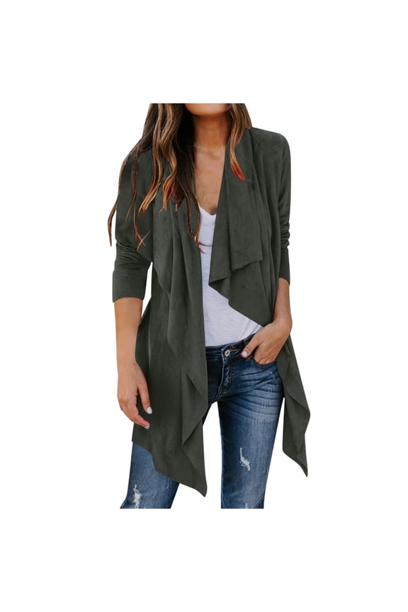 Women's Faux Suede Draped Front Cardigan Long Sleeve Open Front Waterfall Irregular Hem Jackets Lighweight Fall Fashion Outwear Coat Dark Gray