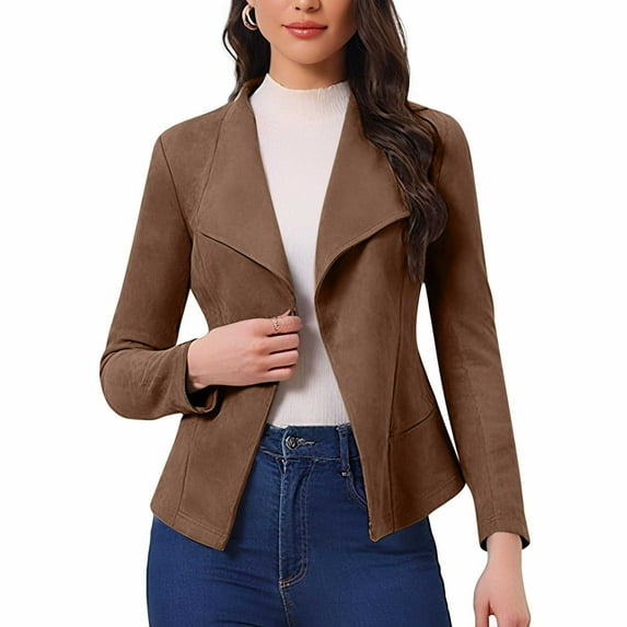 Wyobmus Women's Faux Suede Jackets Fashion Fall Clothes Lapel Long Sleeve Open Front Cropped Coat Outwear with Pocket Brown