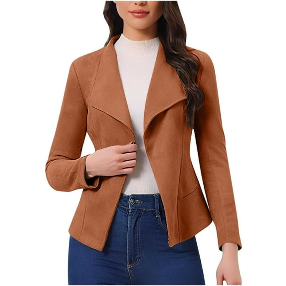 Wyobmus Women's Faux Suede Jackets Fashion Fall Clothes Lapel Long Sleeve Open Front Cropped Coat Outwear with Pocket Orange