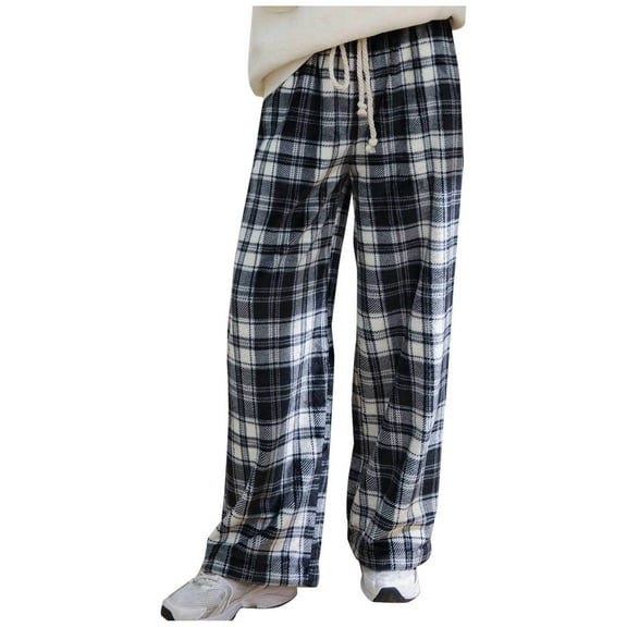 Wyobmus Women's Flannel Pajama Pants Plush Warm Sleepwear Loose Casual Plaid Drawstring Pj Bottom Black