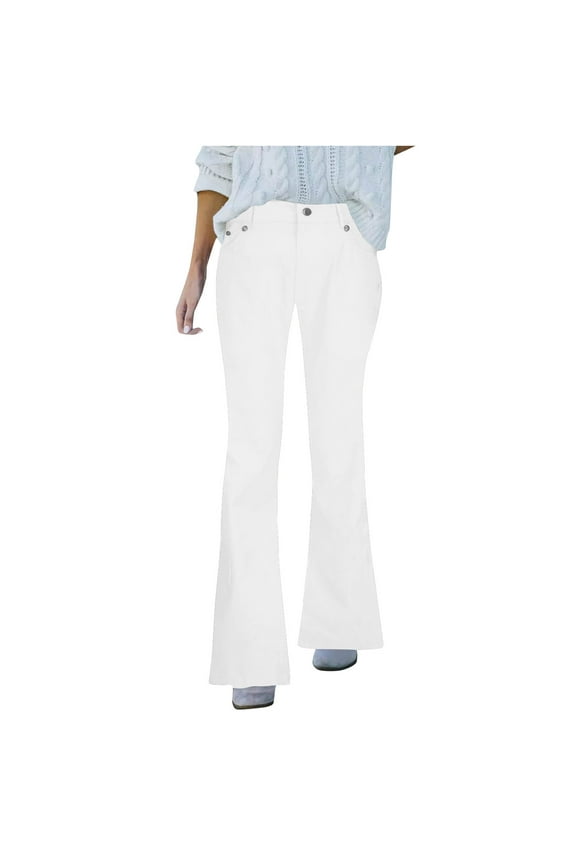 Women's Flare Bell Bottom Jeans Spring Summer Solid Color Mid Waist Denim Pants Stretchy Wide Leg Bootcut Jeans With Pockets B-White