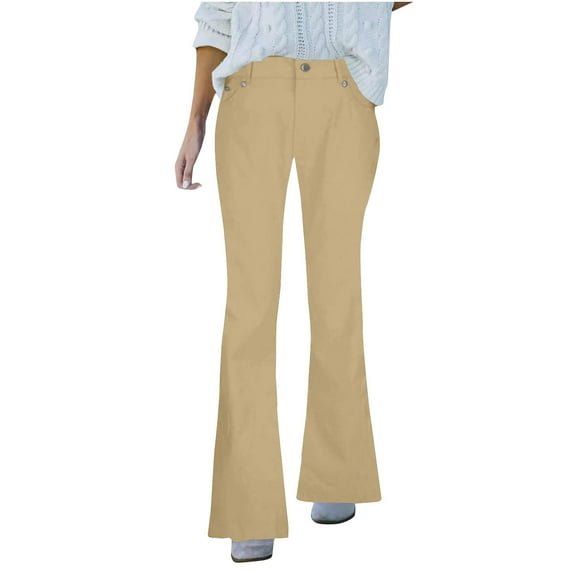 Wyobmus Women's Flare Bell Bottom Jeans Spring Summer Solid Color Mid Waist Denim Pants Stretchy Wide Leg Bootcut Jeans With Pockets C-Khaki