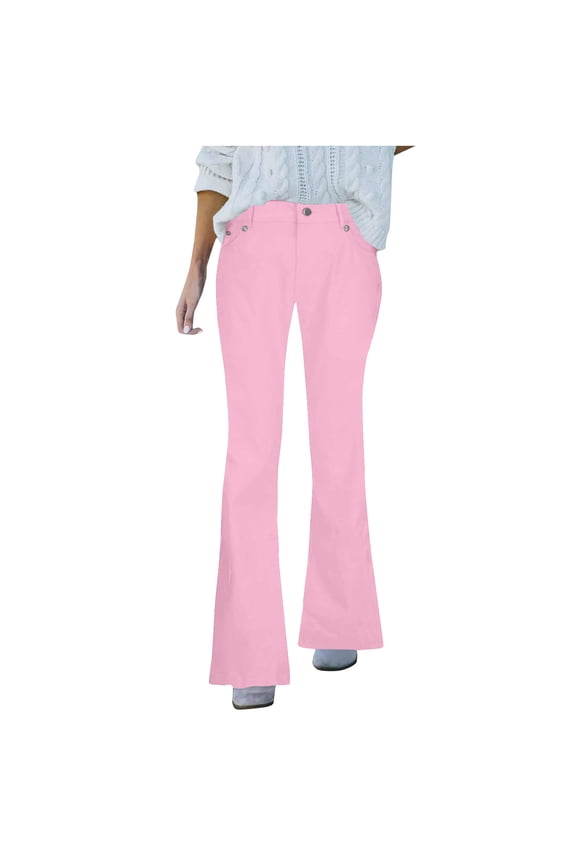 Women's Flare Bell Bottom Jeans Spring Summer Solid Color Mid Waist Denim Pants Stretchy Wide Leg Bootcut Jeans With Pockets C-Pink