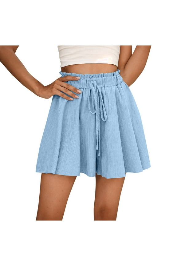 Women's Flowy Shorts Summer Comfy Culottes Shorts High Elastic Waist Wave Wrinkle Wide Leg Shorts Light Blue
