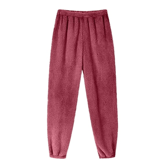Wyobmus Women's Fluffy Pajama Pants Comfy Fuzzy Warm Fleece Thicken Pj Bottoms Elastic Waist Wide Leg Sleep Pants Loungewear with Pocket B-Burgundy