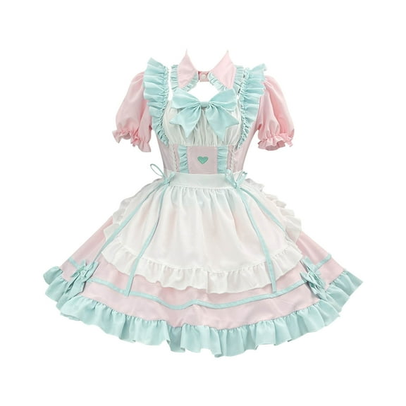 Wyobmus Women's Girl'S Cute Dresses Plus Size Maid Dress Japanese Style Sweet High Waist Short Sleeve Knee Length Party Swing Cute Dresses A-Sky Blue