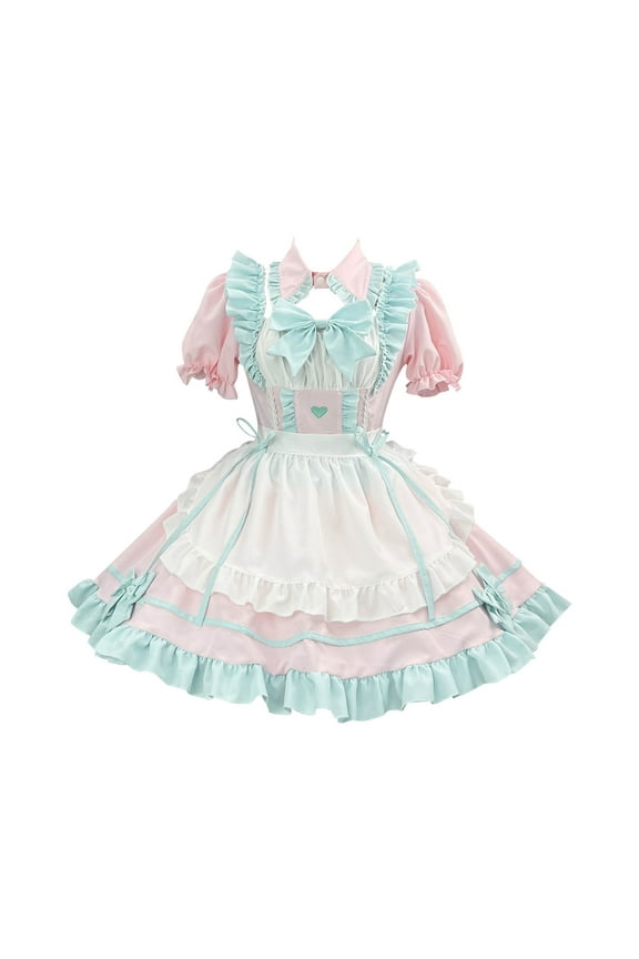 Wyobmus Women's Girl'S Cute Dresses Plus Size Maid Dress Japanese Style Sweet High Waist Short Sleeve Knee Length Party Swing Cute Dresses A-Sky Blue