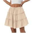 thumbnail image 1 of Wyobmus Women's High Waist Drawstring Ruffle Mini Skirt Built In Shorts Summer Short Swing Aline Tired Skort Polka Dots Flowy Boho Skirt With Pockets C-Beige, 1 of 7