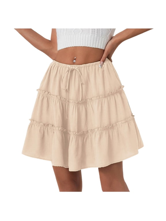 Women's High Waist Drawstring Ruffle Mini Skirt Built In Shorts Summer Short Swing Aline Tired Skort Polka Dots Flowy Boho Skirt With Pockets C-Beige