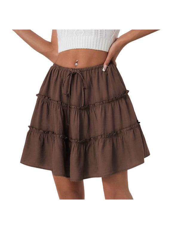 Women's High Waist Drawstring Ruffle Mini Skirt Built In Shorts Summer Short Swing Aline Tired Skort Polka Dots Flowy Boho Skirt With Pockets C-Brown