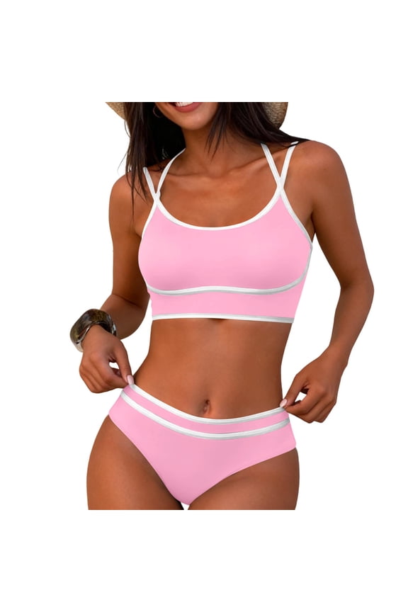 Women's High Waisted Bikini Sets Two Piece Athletic Swimsuits Contrast Trim Spaghetti Straps Cheeky High Cut Bathing Suits B-Pink