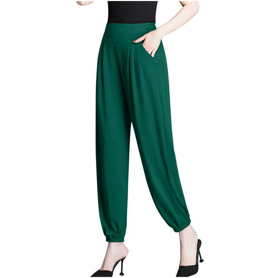 Wyobmus Women's High Waisted Crop Pants Casual Ankle Length Elastic Hem Harem Pants Elastic Waist Hippie Pants With Pockets L-5X Green