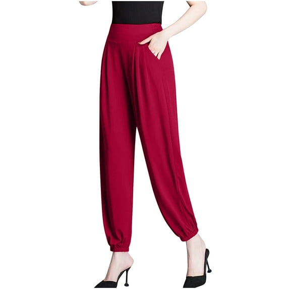 Wyobmus Women's High Waisted Crop Pants Casual Ankle Length Elastic Hem Harem Pants Elastic Waist Hippie Pants With Pockets L-5X Red