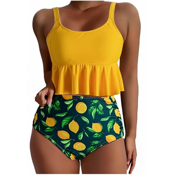Wyobmus Women's High Waisted Tankini Set Two Piece Swimsuits Floral Print Flounce Ruffled Tankini Bikini Sets B-Yellow