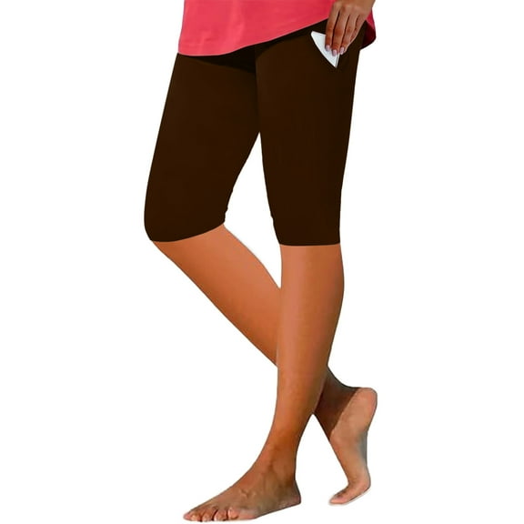 Wyobmus Women's High Waisted Yoga Leggings With Pockets Tummy Control Slim Leg Workout Athletic Running Capri Leggings Brown