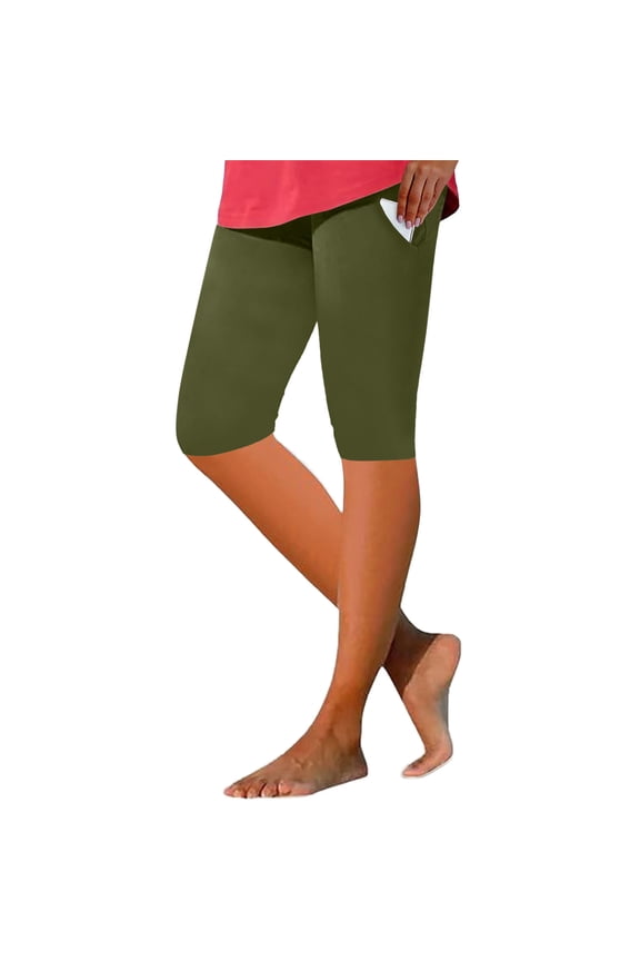 Women's High Waisted Yoga Leggings With Pockets Tummy Control Slim Leg Workout Athletic Running Capri Leggings Olive Green