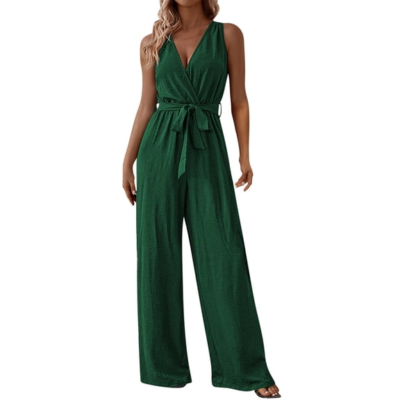 Wyobmus Women's Ice Silk Jumpsuits Sleeveless Cross Deep V Neck Ruched Wide Leg Jumpsuit Baggy Drawstring Waistband Long Overalls With Pockets Green