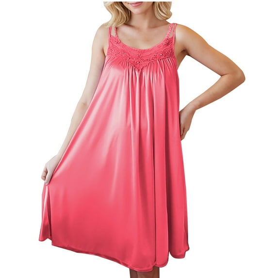 Wyobmus Women's Ice Silk Long Nightgown House Dress Plus Size Lace Embroideried Sleeveless Sleepwear Pleated Nightdress B-Watermelon Red