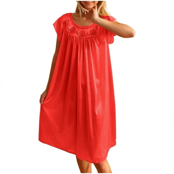 Wyobmus Women's Ice Silk Pleated Nightgown Plus Size Sleep Dress Loose Cup Sleeve Sleepwear Solid Nightshirt B-Red