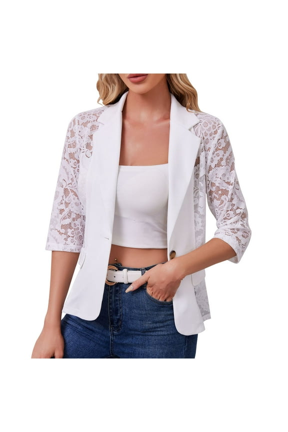 Women's Lace Blazer 3/4 Sleeve Notched Lapel Open Front Button Sheer Mesh Lace Blazers Loose Elegant Business Casual Cadigan Blazer White