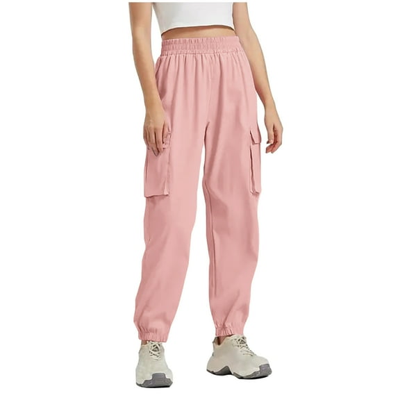 Wyobmus Women's Lightweight Cargo Pants High Waisted Hiking Pants Travel Y2K Streetwear Baggy Stretchy Pants with Pockets A-Pink