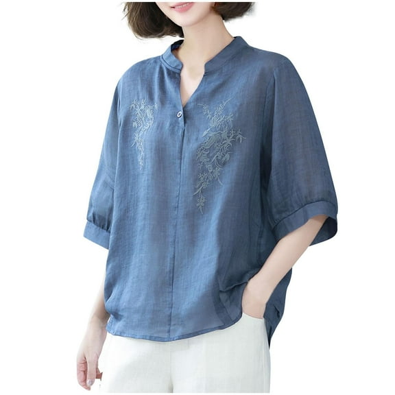Wyobmus Women's Linen Shirt Retro Ethinc Embroidered V Neck 3/4 Sleeve Tunic Top Loose Fit T Shirt Blue