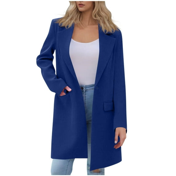 Wyobmus Women's Long Blazer Jackets Long Sleeve Lapel Suit Jackets Stretchy Loose Work Casual Blazers Outerwear with Pockets Blue