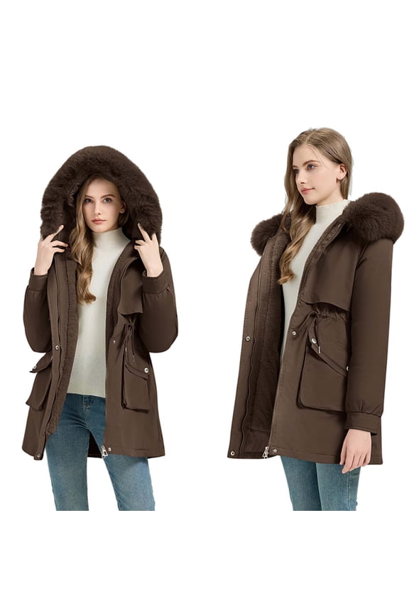 Women's Long Parka Winter Thicken Puffer Jacket Warm Puffy Overcoat with Faux Fur Removable Hood for Clod Weather B-Khaki