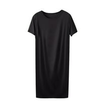 Wyobmus Women's Long Sleepdress Short Sleeve Nightgown Pleated Front Nightshirt Solid Comfy Crew Neck Full Slip Loungewear Homewear Black