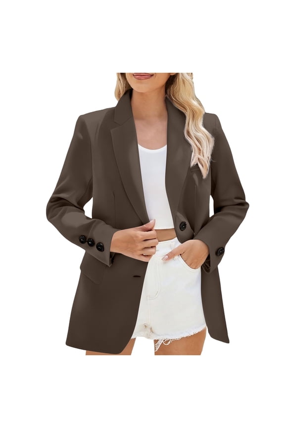 Women's Long Sleeve Blazers 2 Buttons Work Office Notched Collar Suit Jackets with Pockets B-Coffee