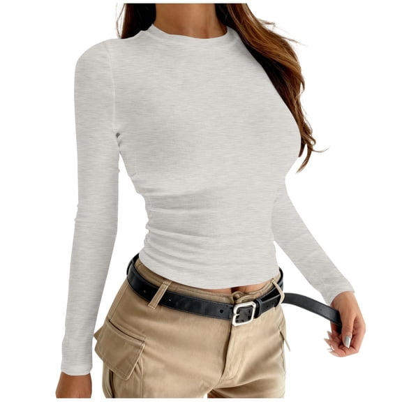 Wyobmus Women's Long Sleeve Crop Tops Basic Fitted Tees Crew Neck Slim Tight T Shirts Stretchy Y2K Trendy Tops Fashion Clothes for Lady Silver