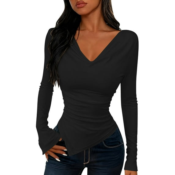 Wyobmus Women's Long Sleeve Fitted Shirt V Neck Tunic Shirt Asymmetrical Hem Going Out Tops Trendy Fashion Outfits Black