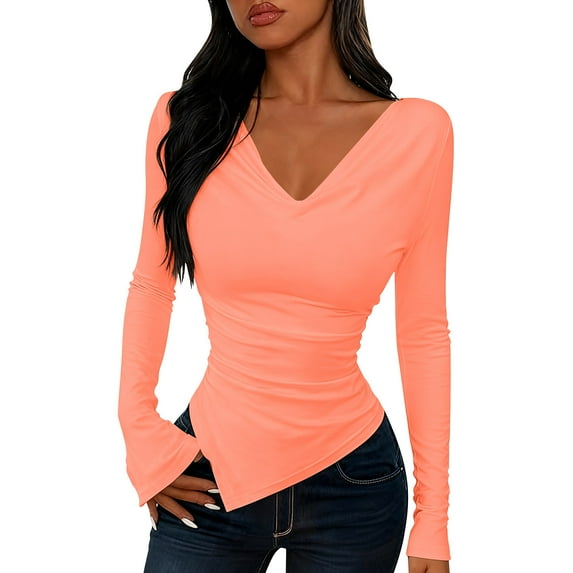 Wyobmus Women's Long Sleeve Fitted Shirt V Neck Tunic Shirt Asymmetrical Hem Going Out Tops Trendy Fashion Outfits Red