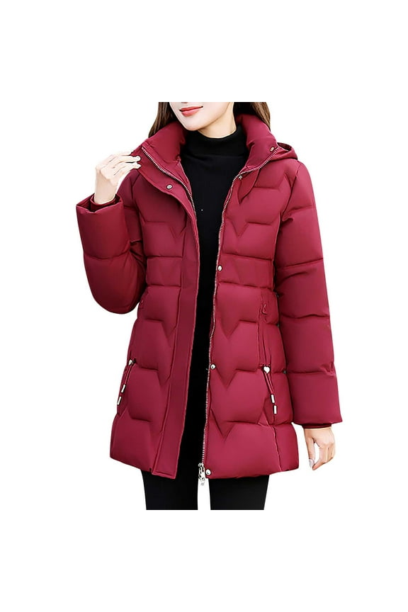 Women's Long Winter Puffer Jacket Warm Thicken Zipper Plush Hooded Down Coat Long Slleve Bubble Outwear Coat with Pockets Burgundy