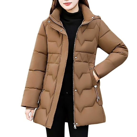 Wyobmus Women's Long Winter Puffer Jacket Warm Thicken Zipper Plush Hooded Down Coat Long Slleve Bubble Outwear Coat with Pockets Coffee