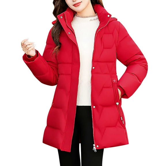 Wyobmus Women's Long Winter Puffer Jacket Warm Thicken Zipper Plush Hooded Down Coat Long Slleve Bubble Outwear Coat with Pockets Red
