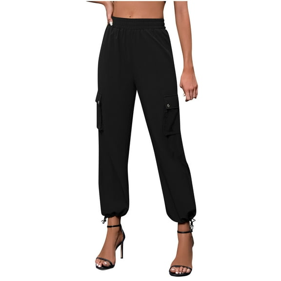 Wyobmus Women's Cargo Pants Loose Comfy Elastic Waisted Drawstring Ankle Workout Outdoor Hiking Jogger Pants With Pockets Beige