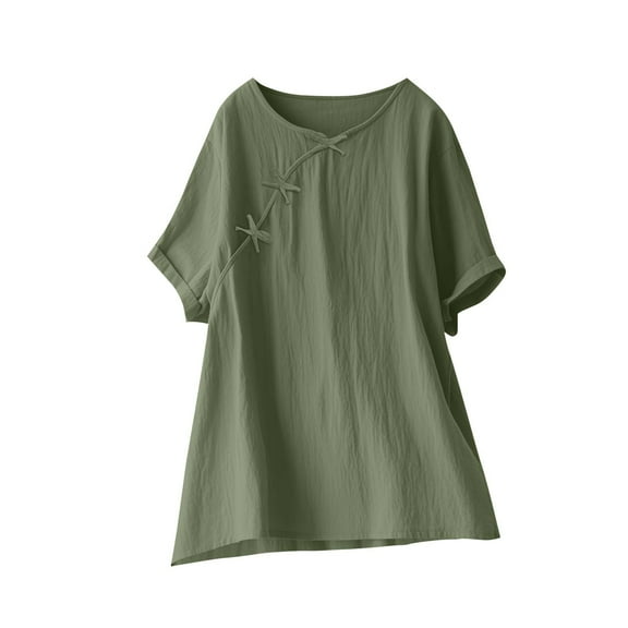 Wyobmus Women's Loose Cotton Linen Tops Summer Casual Blouse Round Neck Rolled Short Sleeve Bowknot Long Shirt S-2X A-Olive Green
