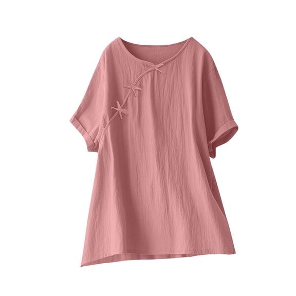 Wyobmus Women's Loose Cotton Linen Tops Summer Casual Blouse Round Neck Rolled Short Sleeve Bowknot Long Shirt S-2X A-Pink