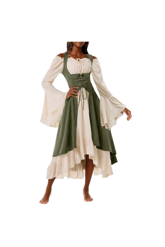 Women's Medieval Renaissance Dress 2 Pcs Victorian Dress Fashion Retro Off-The-Shoulder Gothic Midi Dress with Front Open High Waist Lace Up Clothes Green