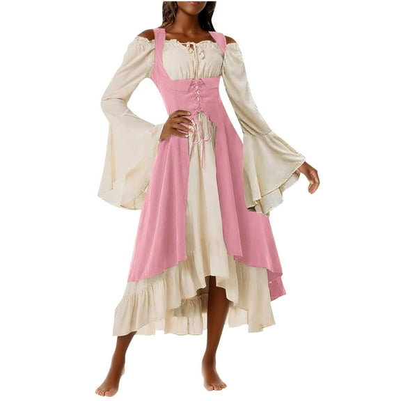 Wyobmus Women's Medieval Renaissance Dress 2 Pcs Victorian Dress Fashion Retro Off-The-Shoulder Gothic Midi Dress with Front Open High Waist Lace Up Clothes Pink
