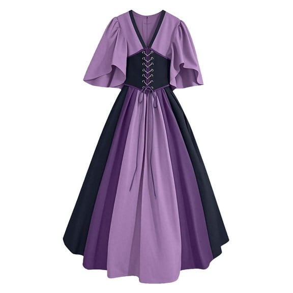 Wyobums Women's Medieval Renaissance Dress Plus Size Dress Flying Sleeve Gothic Swing Dress Color Blocked Lace Up Waist Maxi Dress Evening Dress Bride Dress S-5X B-Purple