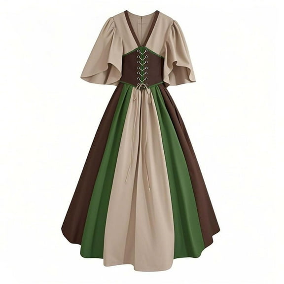 Wyobums Women's Medieval Renaissance Dress Plus Size Dress Flying Sleeve Gothic Swing Dress Color Blocked Lace Up Waist Maxi Dress Evening Dress Bride Dress S-5X A-Brown
