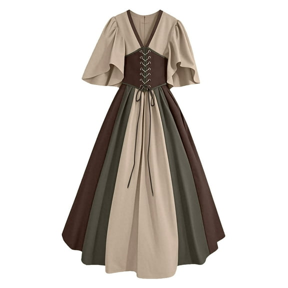 Wyobums Women's Medieval Renaissance Dress Plus Size Dress Flying Sleeve Gothic Swing Dress Color Blocked Lace Up Waist Maxi Dress Evening Dress Bride Dress S-5X B-Khaki
