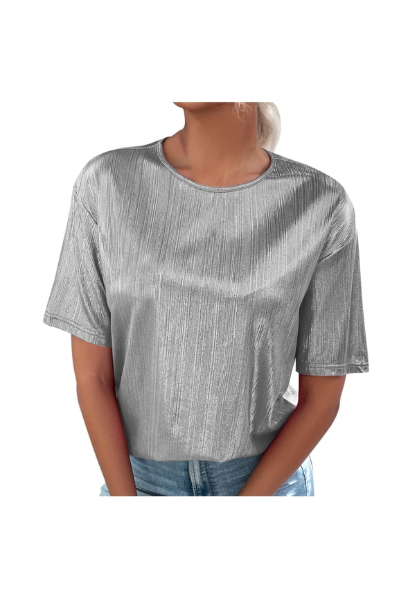 Women's Metallic T-Shirts V Neck Shiny Ruffle Short Sleeve Blouse Shirt Tops Gray