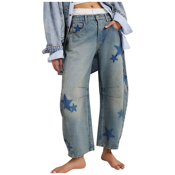 Wyobmus Women's Mid Rise Jeans Casual Straight Leg Jeans Loose Trendy Star Printed Denim Pants With Pocket A-Blue