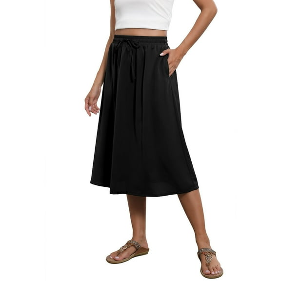 Wyobums Women's Midi Skirt Summer Lightweight Flowy Elastic High Waisted Holiday Skirt Casual Pleated Skirts with Pockets Black