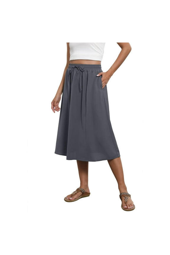 Women's Midi Skirt Summer Lightweight Flowy Elastic High Waisted Holiday Skirt Casual Pleated Skirts with Pockets Gray