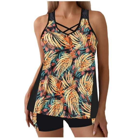Wyobmus Women's Modest Tankini Swimsuits Two Piece Tummy Control Bathing Suits Criss-Cross Straps Tropical Printed Swim Tunic Tank Top With Boyshorts A-Yellow