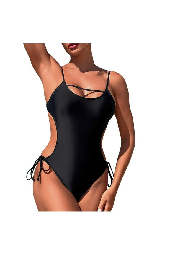Women's Monokini One Piece Swimsuits Cut Out Tummy Control Bathing Suit Side Tie Backless Swimwear Black